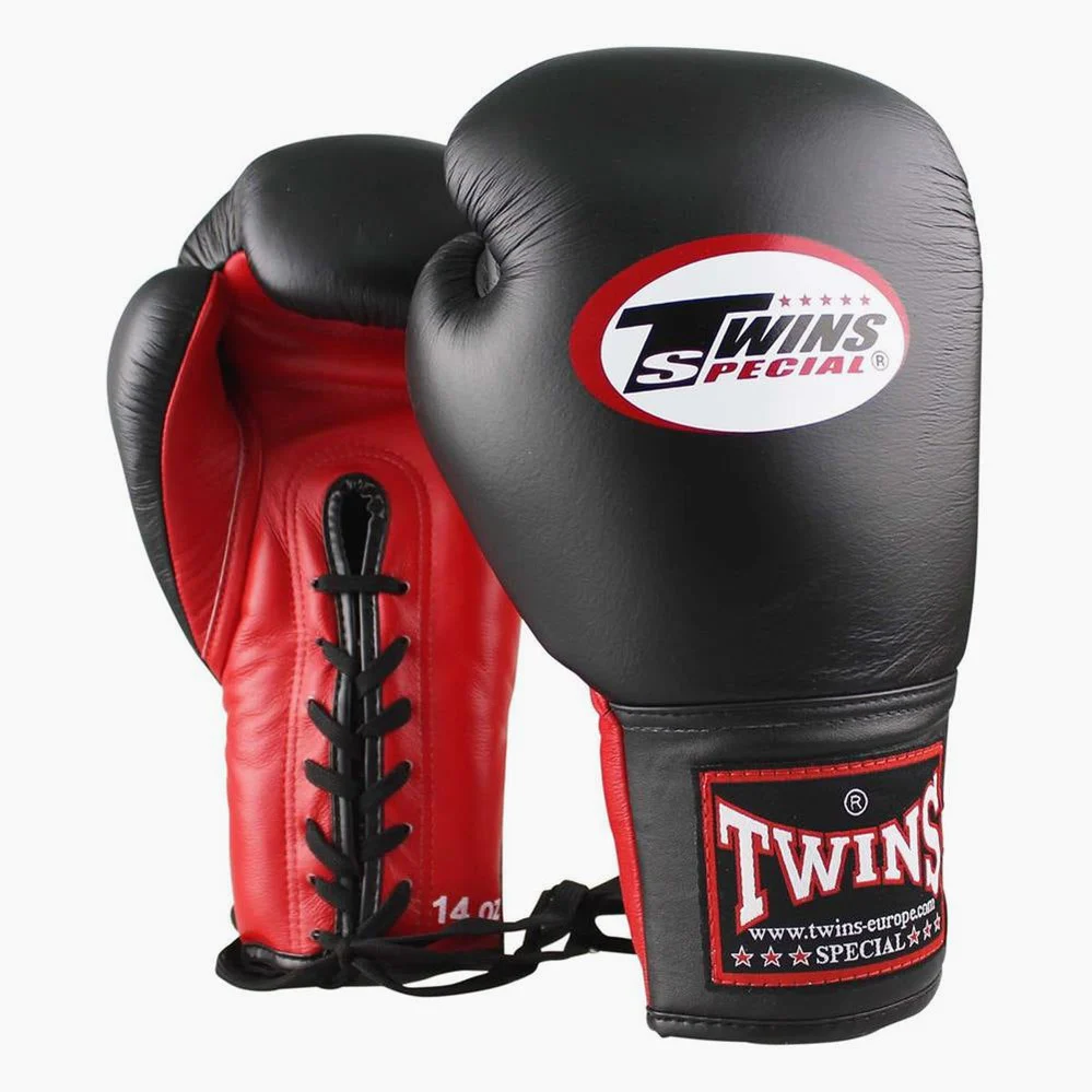 Guantes Muay Thai Twins Special BGLL-1 Negro-Rojo con cordones 