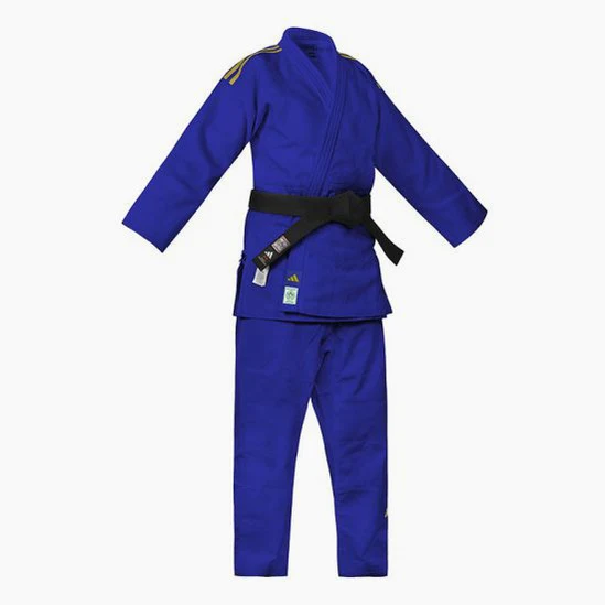 Judogi azul Adidas J730 Champion III IJF rayas doradas 
